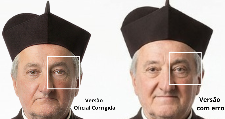 Comparação entre duas reconstruções em inteligência artificial de São Luís Palazzuolo: à esquerda a versão oficial corrigida com melhorias no olho e na pele, e à direita a versão inicial com imperfeições.