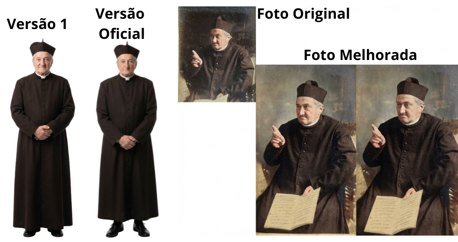 Comparação entre a foto original do fundador São Luís Palazzolo e versões recriadas por inteligência artificial, mostrando a evolução da reconstrução facial até a versão oficial.