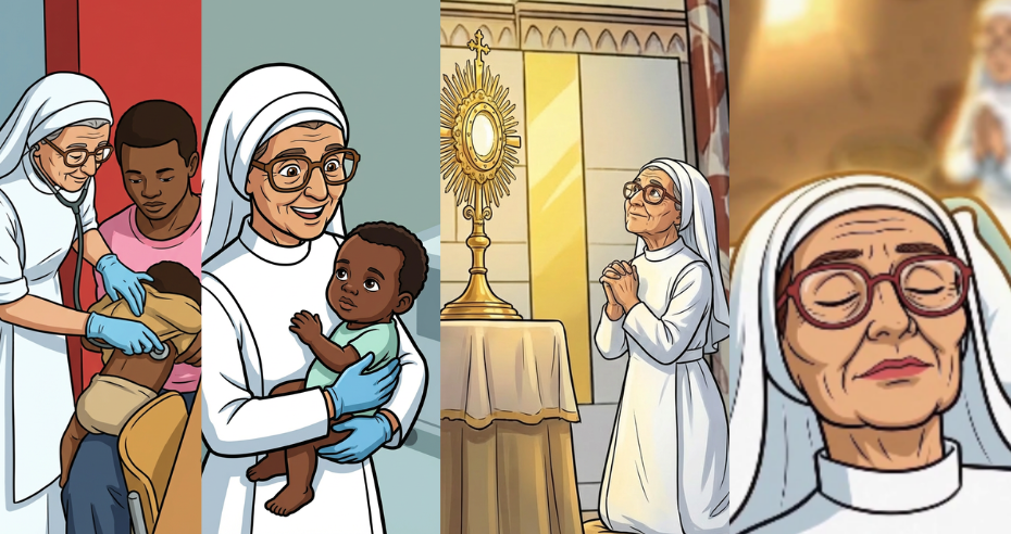 Ilustração de Irmã Floralba em Kikwit cuidando de doentes e crianças, rezando diante do Santíssimo e em seus últimos momentos de vida.