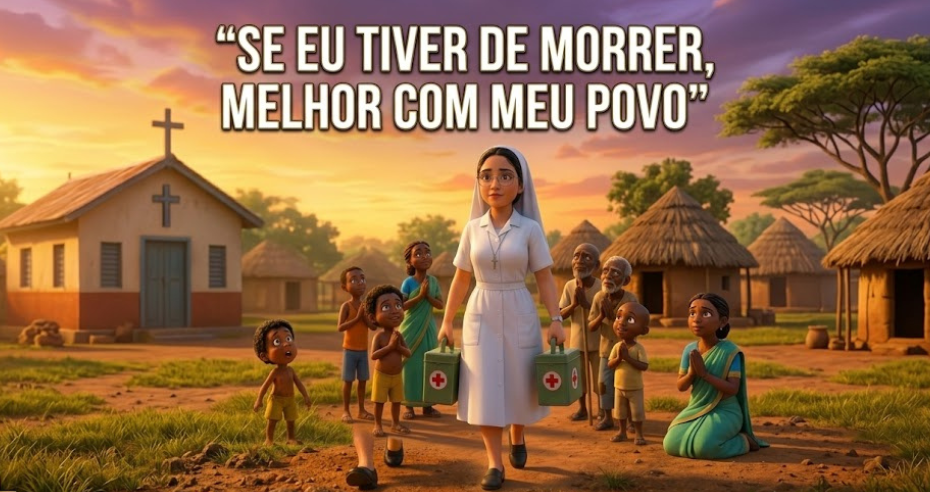 Freira Irmã Vita Rosa caminhando em uma área rural africana (Kingasani), partindo para Kikwit, com um povoado ao fundo onde pessoas gesticulam e olham com preocupação.