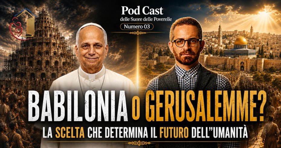 Papa Leão XIV ao lado do personagem Francesco Bronzetti. Ao fundo, à esquerda, uma representação da Torre de Babel e, à direita, Jerusalém. Imagem ilustra o tema “Babilônia ou Jerusalém?” sobre a escolha espiritual da humanidade.